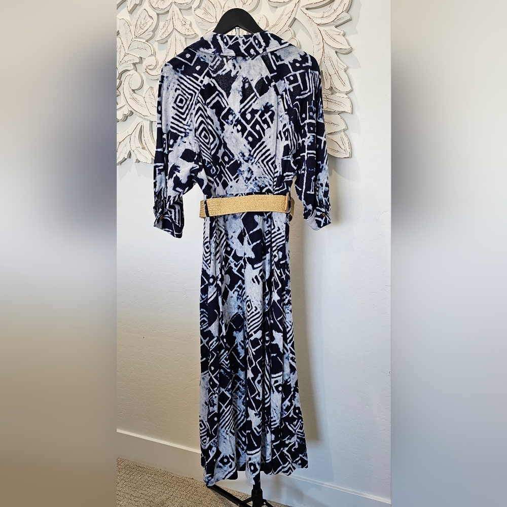 NWT Donna Karan Navy & Whitelinen Blend Midi Shirt Dress Women's Size 10 - Picture 3 of 8